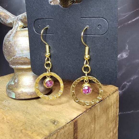 LuxCraft by Anita Jewelry - Drop earrings with pink rhinestone hanging in brass embossed hollow round disc